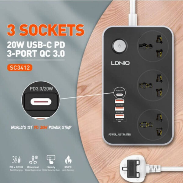 LDNIO SC3412 POWER STRIP WITH 3 AC SOCKETS PD TYPE C PORTS 3 QC3.0 USB PORTS CHARGER 1 1