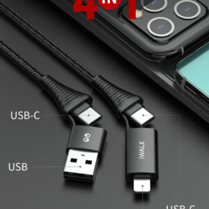 4 in 1 charging cable Fast charge & sync Lightning / USB-C output USB-A/USB-C input USB-C to USB-C: 60W power delivery fast charge (3A Max) with USB wall charger USB-A to USB-C: Support QC 3.0 fast charge (18W) USB-C to Lightning: High speed charging USB-A to Lightning: Compatible with more adapter Aluminum alloy protector