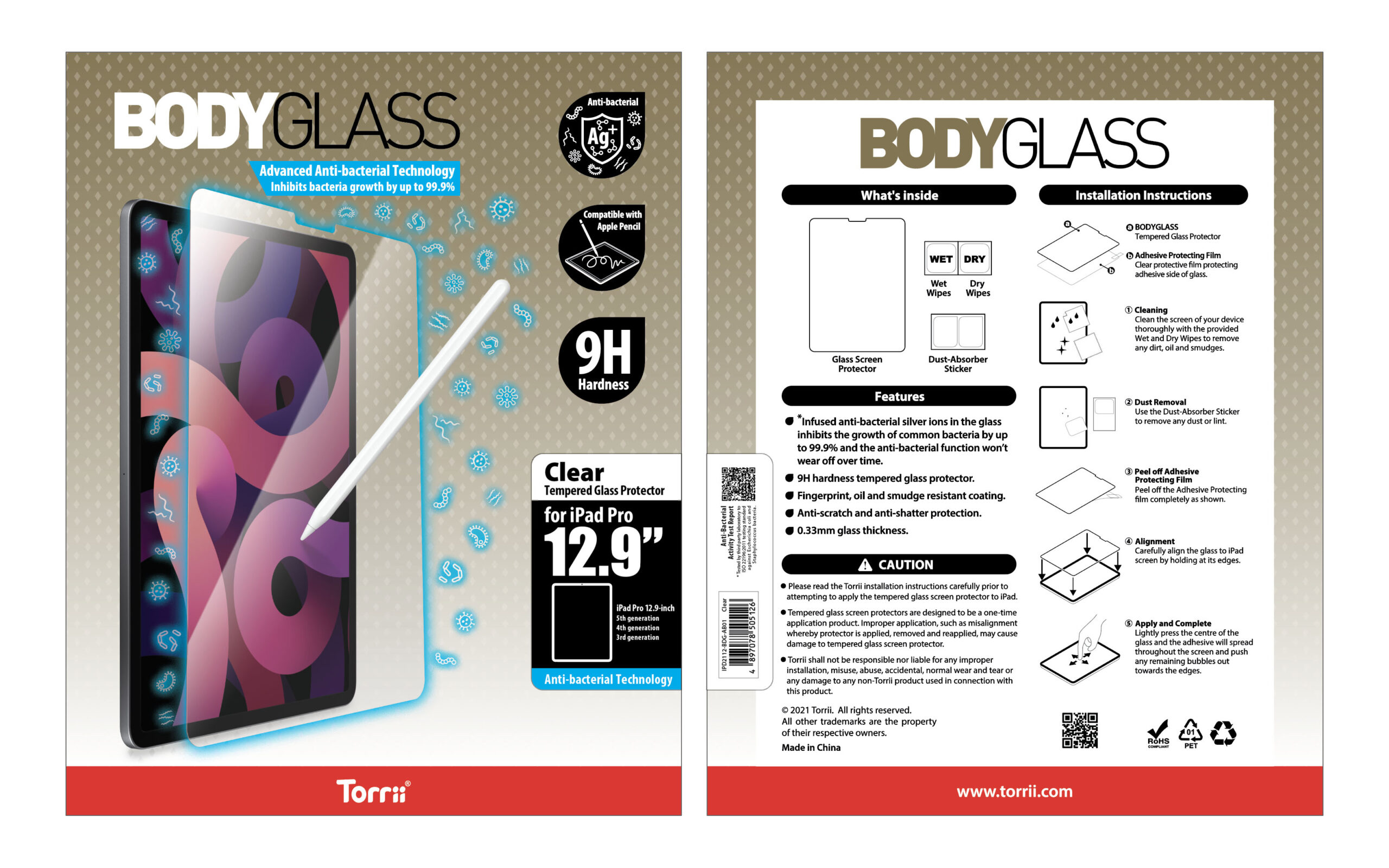 Torrii Bodyglass Anti-Bacterial Screen Protector For Ipad Pro 12.9 (2021/2020/2018) - Clear