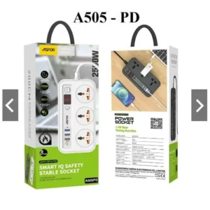 Aspor A505PD Smart IQ Safety Stable Socket 20W 3 Port +3USB Port +1 PD Port - 2 Meter