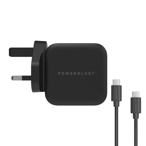 Powerology Ultra-Compact 61W PD GaN Charger with 2m /6.6ft USB-C to USB-C Cable - Black