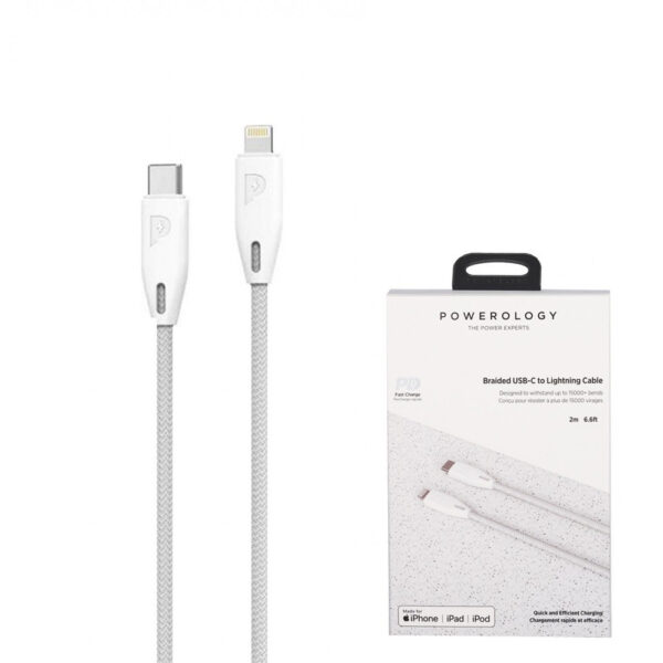 Powerology Braided USB-C to Lightning Cable (1.2m/4ft) - White