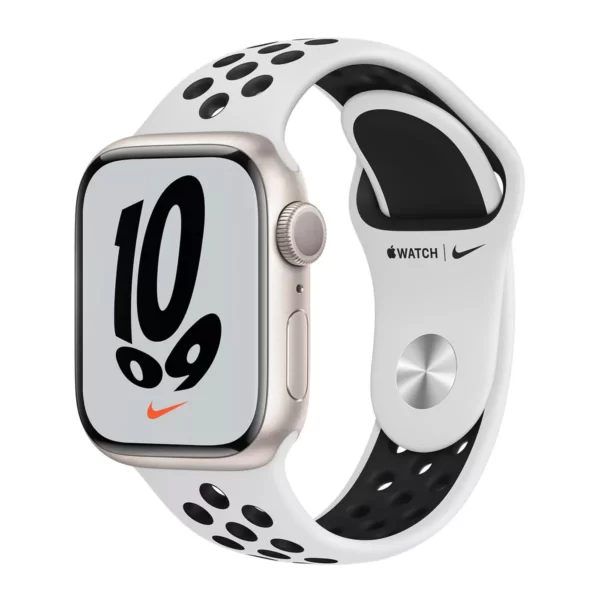 Apple Watch Series 7 45mm GPS + Cellular Starlight Aluminum Case Pure Platinum Black Nike Sports Band