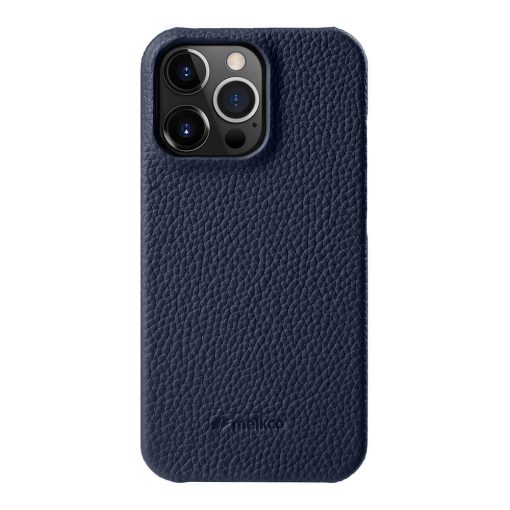 Melkco Back Snap Series Lai Chee Pattern Premium Leather Snap Cover Case For Apple iPhone 14 Pro - Dark Blue