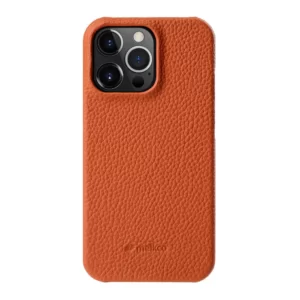 Melkco Back Snap Series Lai Chee Pattern Premium Leather Snap Cover Case For Apple iPhone 14 Pro - Orange