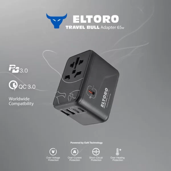 Eltoro 65W Travel Bull Adapter PD GaN Tech USB A 2 Ports USB C 3 Ports Black 3