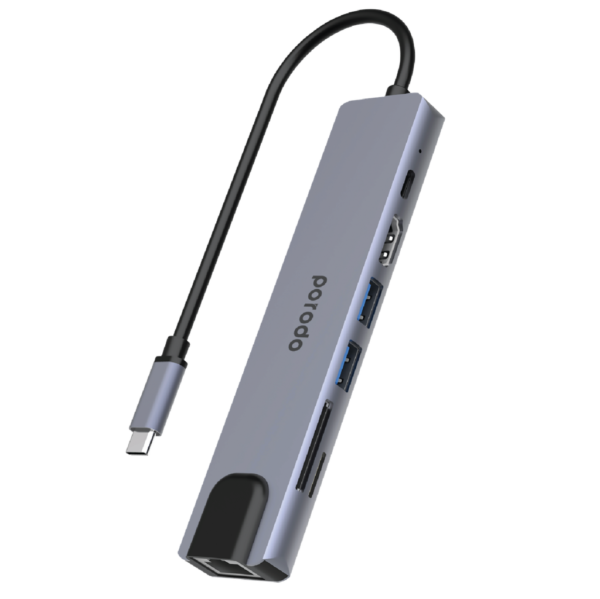 Porodo 7in1 Aluminum USB-C Hub 4K HDMI 100W Power Deliver - Grey