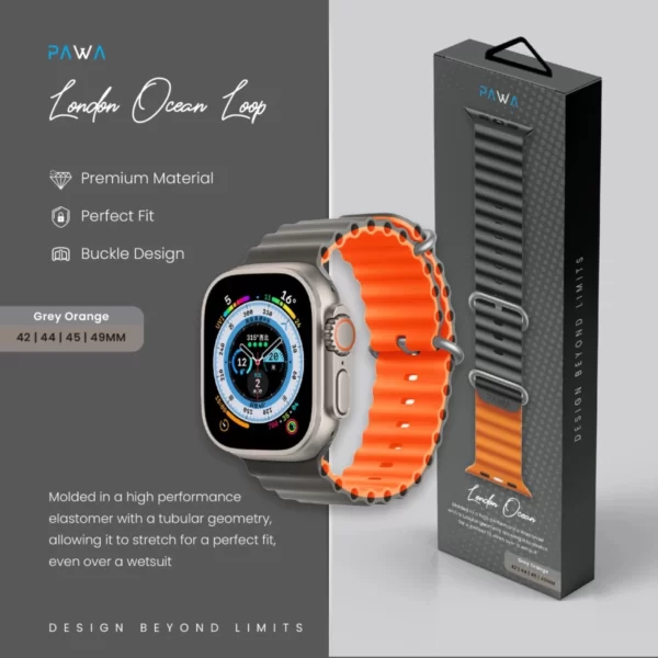 Pawa London Ocean Watch Strap Ultra/Series8 49/45/44/42MM - Black Orange