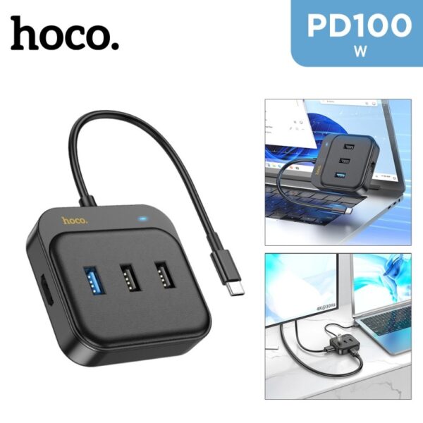 Hoco HB37 6 in 1 HDTV+RJ45+USB3.0+USB2.0x2+PD100W Converter - Black