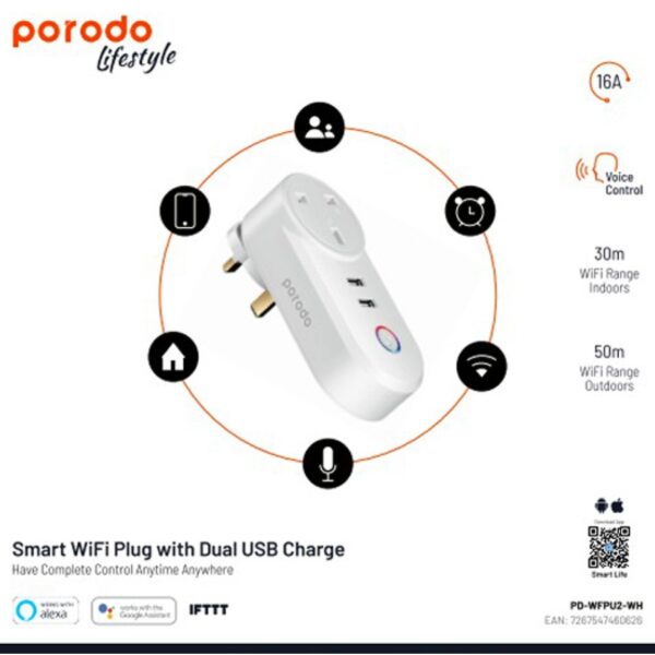 porodo life style smart wifi plug dual usb charger alexa google assistant 4