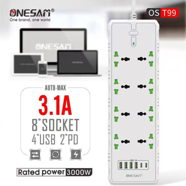 ONESAM OS-T99 Power Socket Charger / 2 PD + 4 USB Output / 8 Universal Socket / Rated Power 3000W / UK Plug