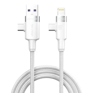 Porodo Fast Charging Cable 1.2M with Dual Connector, Lightning, Type-C and USB-C - White