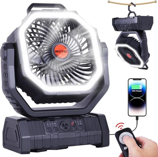 Camping Fan Auto Oscillating Rechargeable Fan with LED