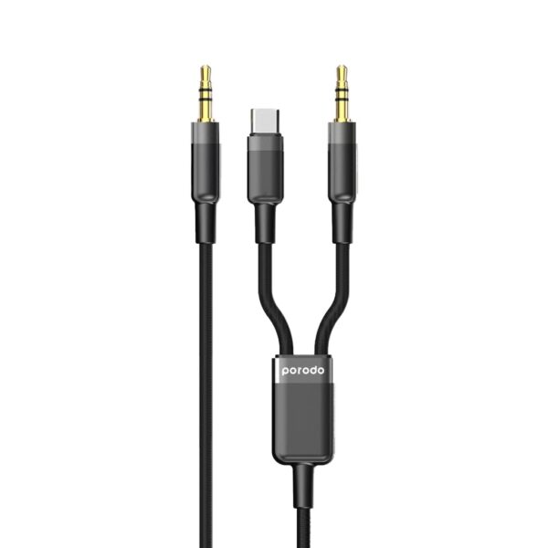 Porodo 2in1 Aux 3.5 to 3.5+typeC Cable 1.2M - Black