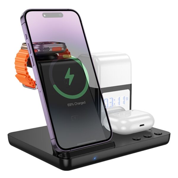 Hoco CQ9 Crown 3 in 1 Wireless Fast Charger with Clock & Night Light - Black