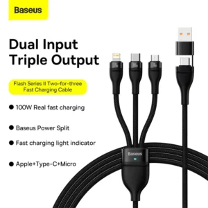 Baseus Cable Flash Series Ⅱ Two-for-three Fast Charging Data Cable USB to M+L+C 100W 1.2m - Black