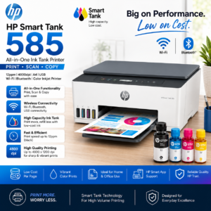 HP Smart Tank 585 AIO - 12ppm 4800dpi A4 USB Wi-Fi Bluetooth Color Inkjet - Printer