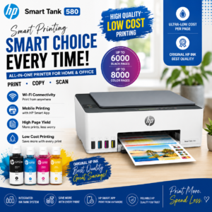 HP Smart Tank 580 AIO - 12ppm  4800dpi A4 USB Wi-Fi Bluetooth Color Inkjet - Printer