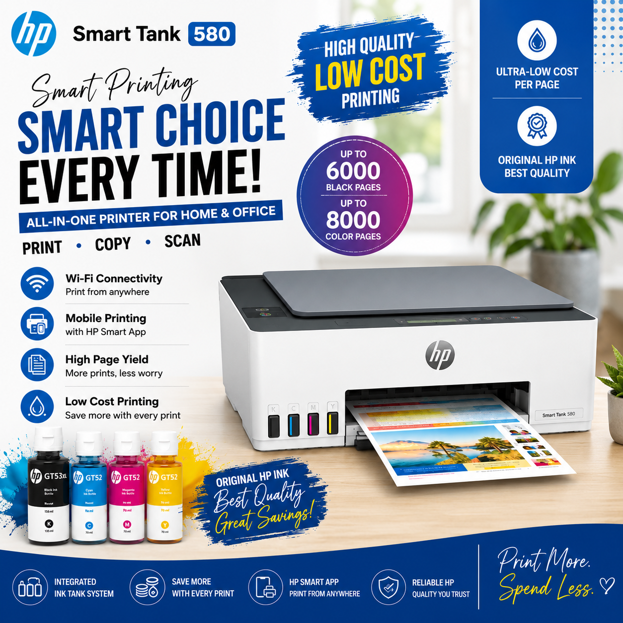 HP Smart Tank 580 AIO - 12ppm 4800dpi A4 USB Wi-Fi Bluetooth Color Inkjet - Printer