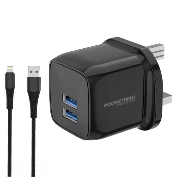 Pawa PocketMini Travel Charger Dual USB with Lightning Cable - Black