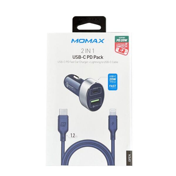 Momax 2 IN 1 USB-C PD Car Fast Charger 20W with Lightning Cable