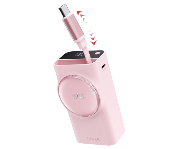 iWALK LinkPod Reel | Built-in 2.3ft Retractable Cable Portable Charger - Pink