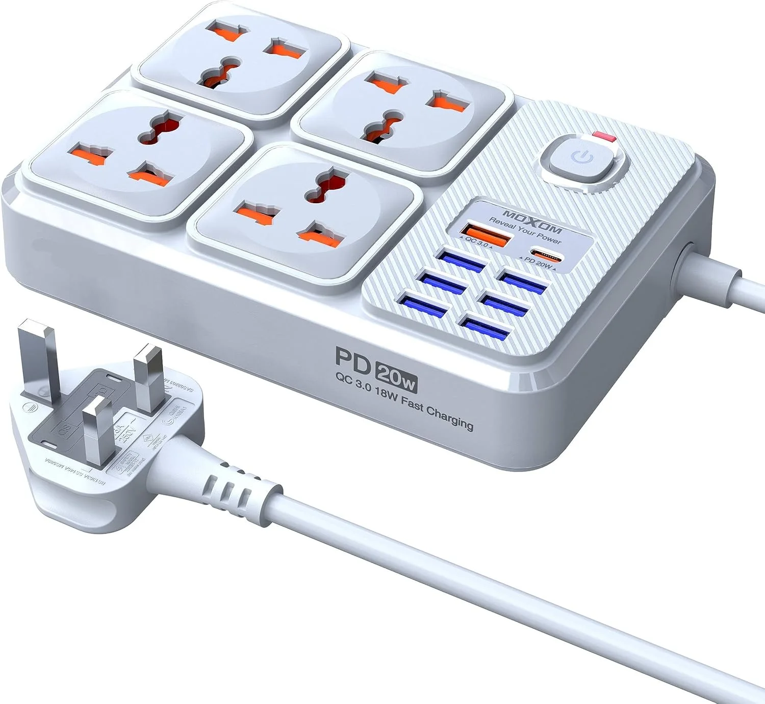 MOXOM MX-ST15 2500W Power Socket with 4 UK Sockets, 7 USB Ports and Type-C PD Port