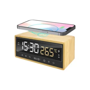 XPower QIC5 4 In 1 Bamboo Alarm Clock With 15W Wireless Charger - Brown