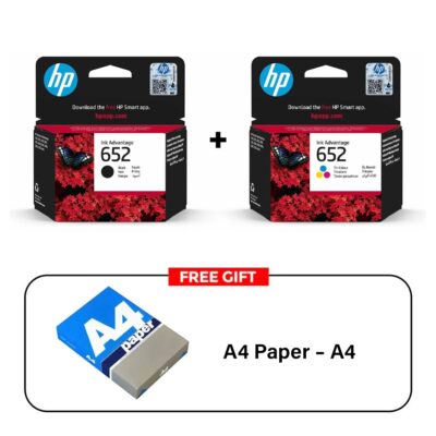 HP Ink Cartridge 652 Black & Tri-Color Combo Pack + A4 Paper – A4 / 80gsm / 500 Sheets / White (Pack of 2)