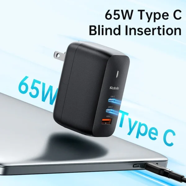 Mcdodo CH-844 Mecha Series GaN 65W Dual Type-C + USB Mini Size Wall Charger Set (EU/UK/US Plug) - Image 6