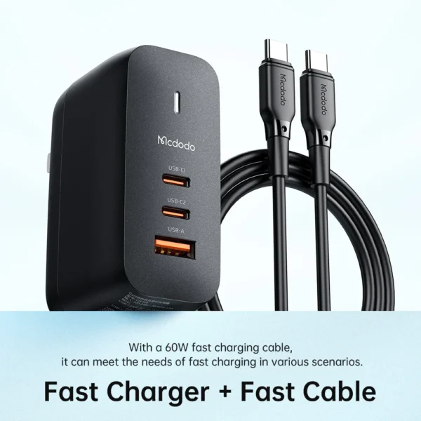 Mcdodo CH-844 Mecha Series GaN 65W Dual Type-C + USB Mini Size Wall Charger Set (EU/UK/US Plug) - Image 2