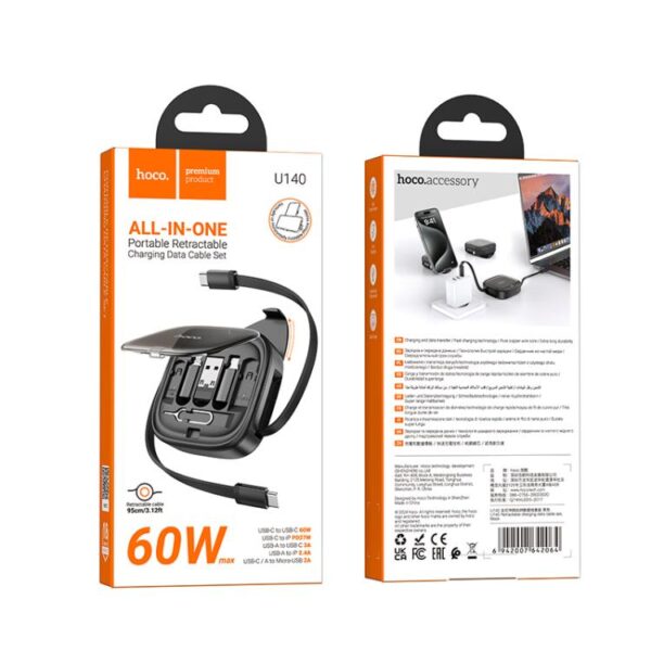 Hoco U140 Type-C to Type-C Multi-function Retractable Storage Data Cable - Black - Image 4