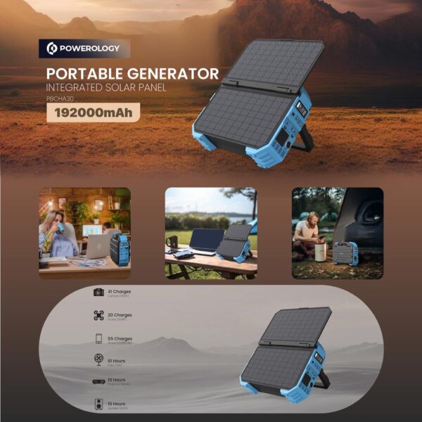 Powerology 600W 192000mAh Portable Generator Integrated Solar Panel - Blue - Image 4