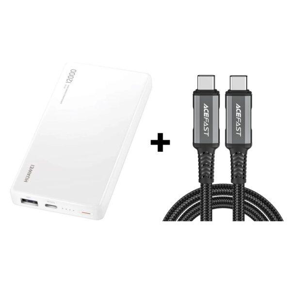 Huawei SuperCharge 12000 40W Power Bank – White + Acefast Charging Audio Video Data Cable C1-09 USB-C to USB-C PD240W