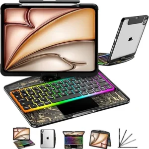 iFacemall Keyboard Case – 360° Rotating Multi-Touch Trackpad, RGB Backlit, Transparent, Pencil Holder, 10.9/11 inch for iPad Air 4/Air 5/ Air 6
