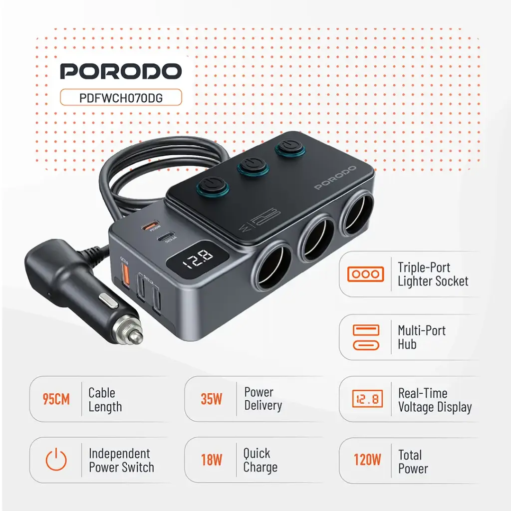 Porodo 120W Car Charger Hub Triple-Port Lighter Socket - Dark Gray - Image 9