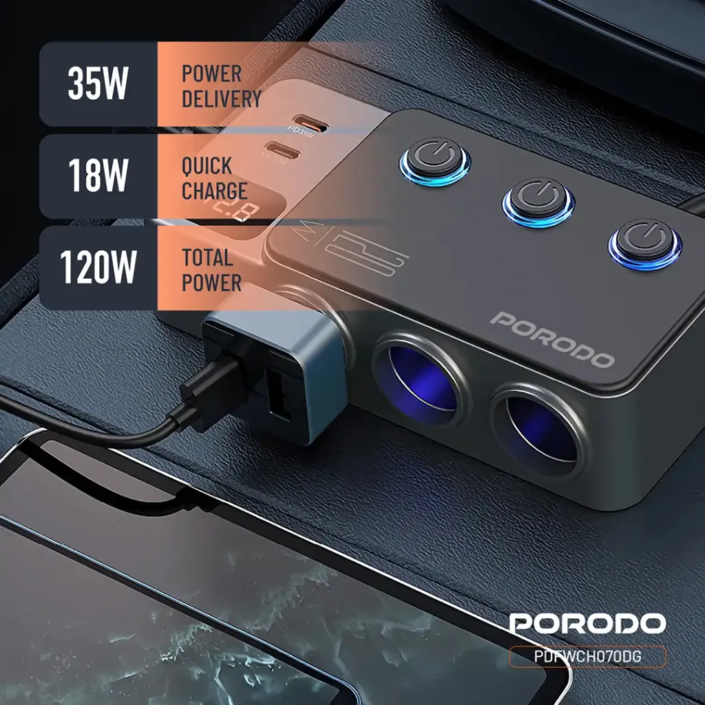 Porodo 120W Car Charger Hub Triple-Port Lighter Socket - Dark Gray - Image 8