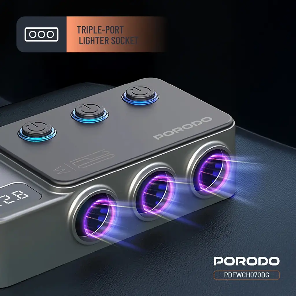 Porodo 120W Car Charger Hub Triple-Port Lighter Socket - Dark Gray - Image 7