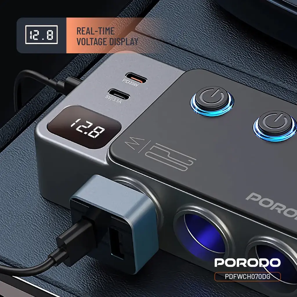 Porodo 120W Car Charger Hub Triple-Port Lighter Socket - Dark Gray - Image 6