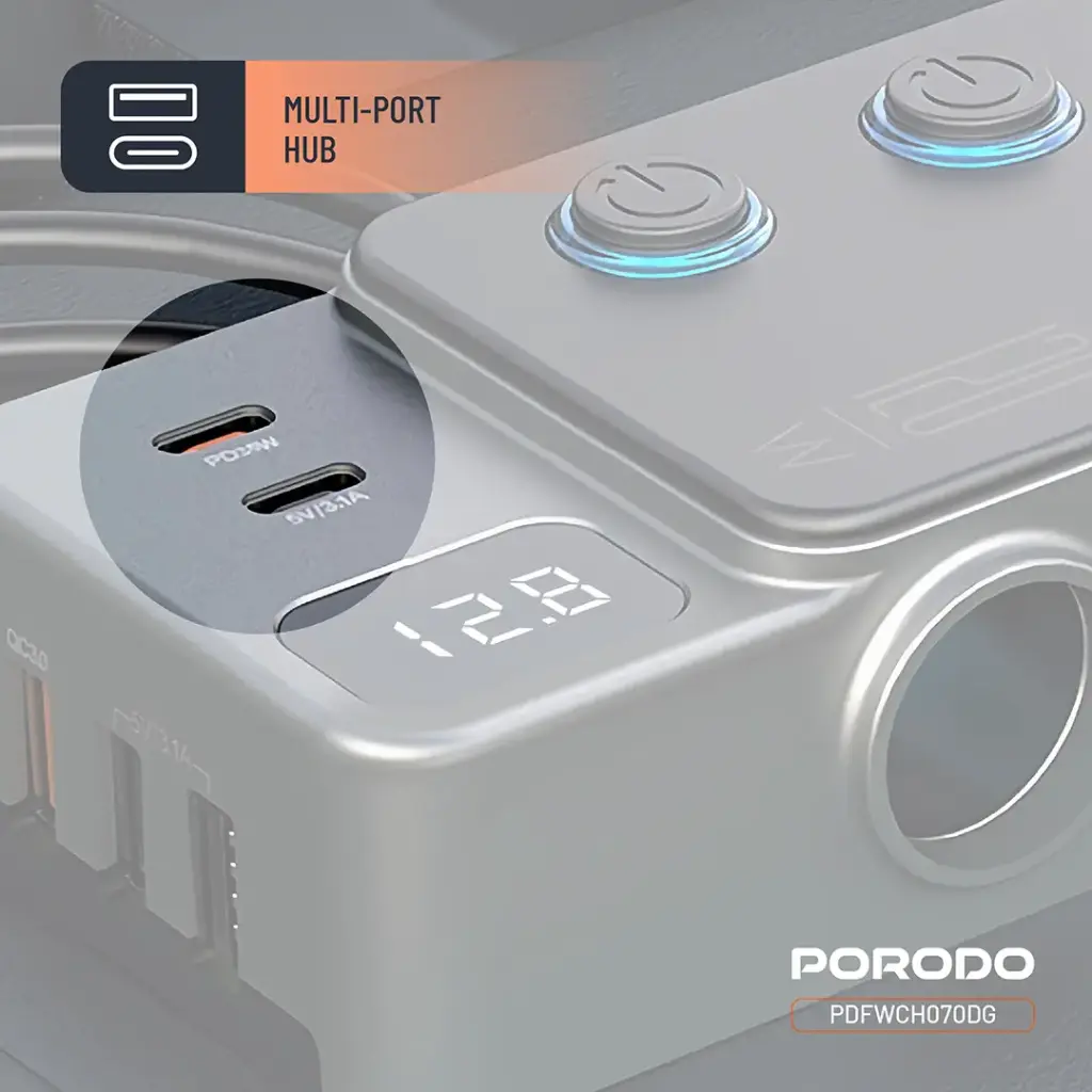 Porodo 120W Car Charger Hub Triple-Port Lighter Socket - Dark Gray - Image 5