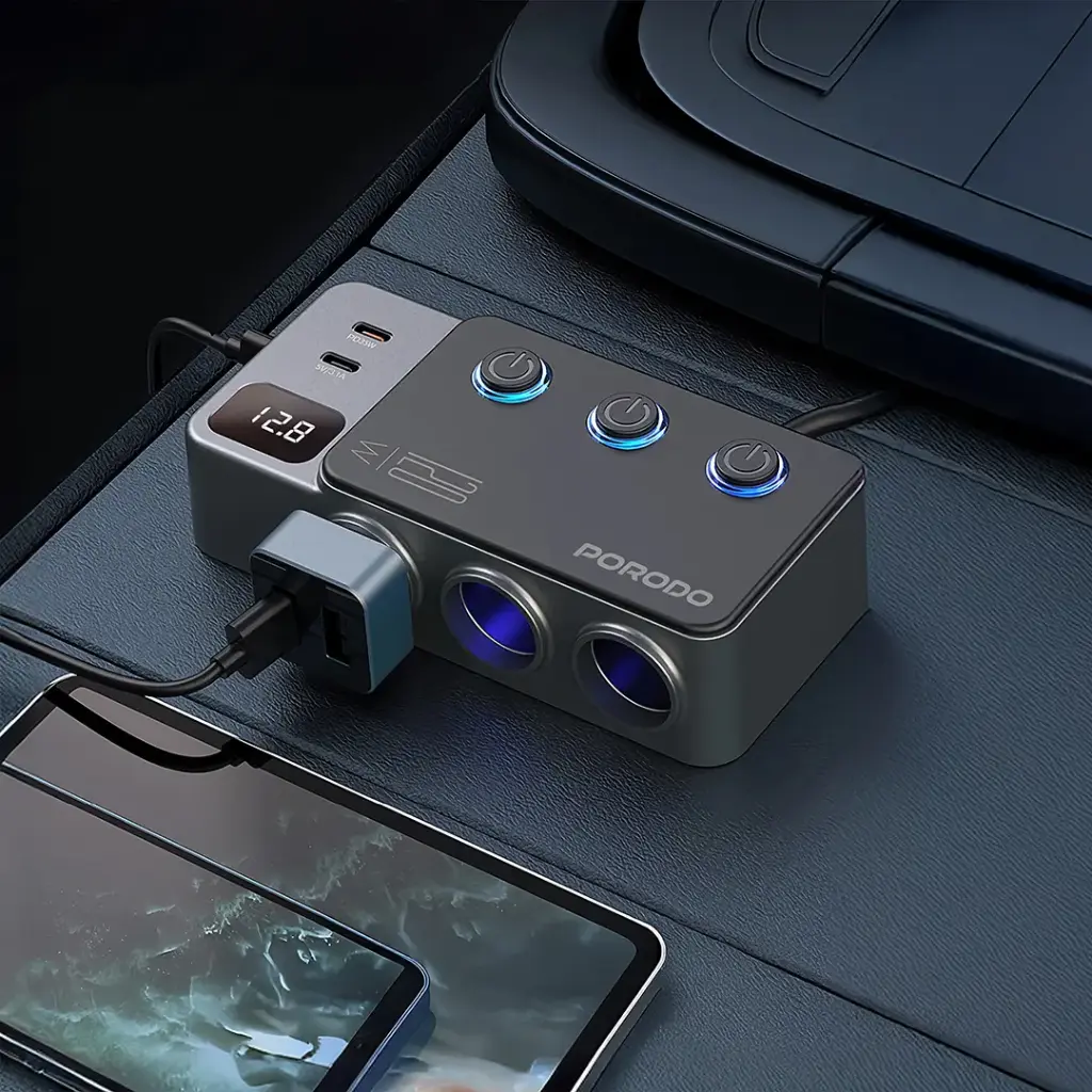 Porodo 120W Car Charger Hub Triple-Port Lighter Socket - Dark Gray - Image 3