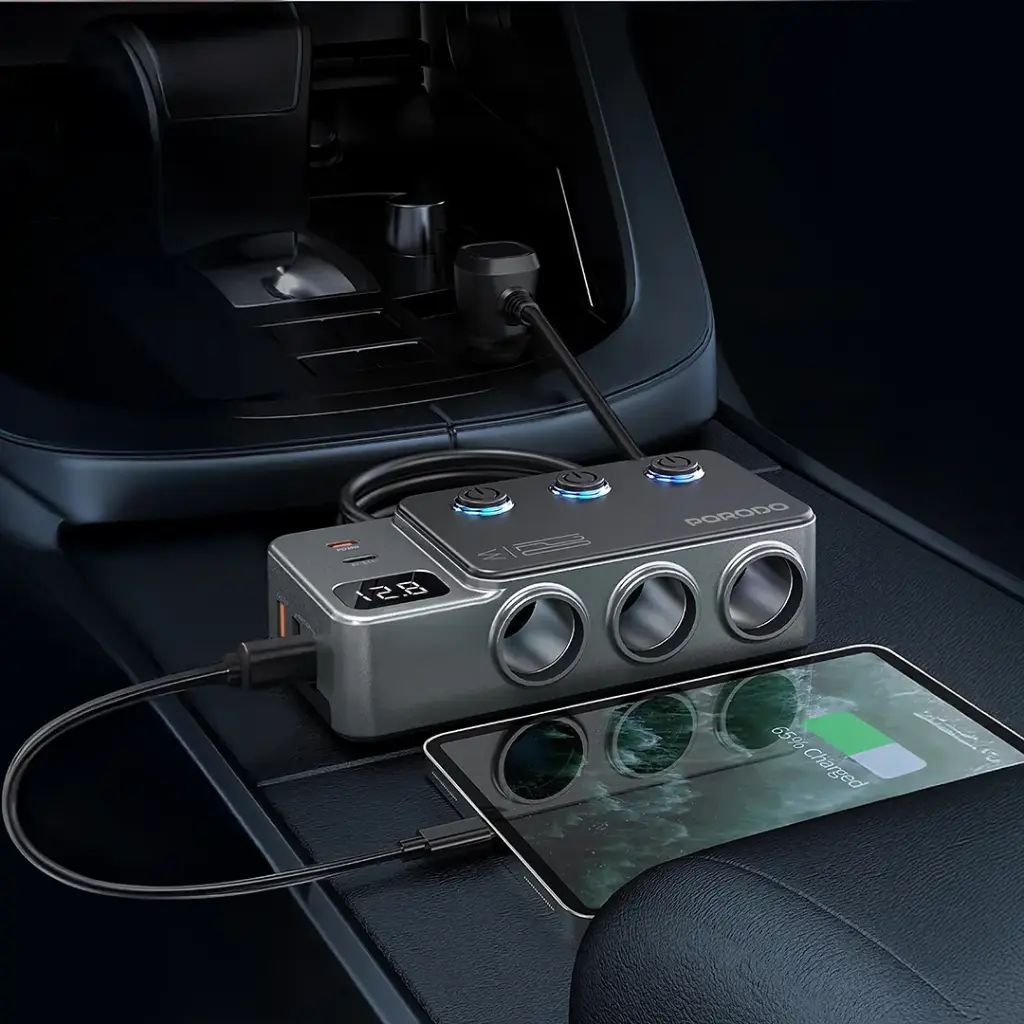 Porodo 120W Car Charger Hub Triple-Port Lighter Socket - Dark Gray - Image 2