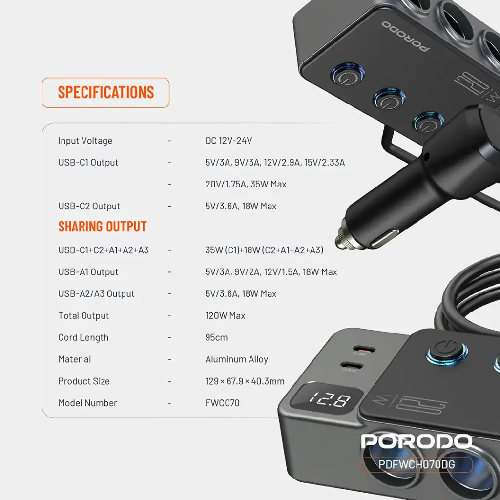 Porodo 120W Car Charger Hub Triple-Port Lighter Socket - Dark Gray - Image 10