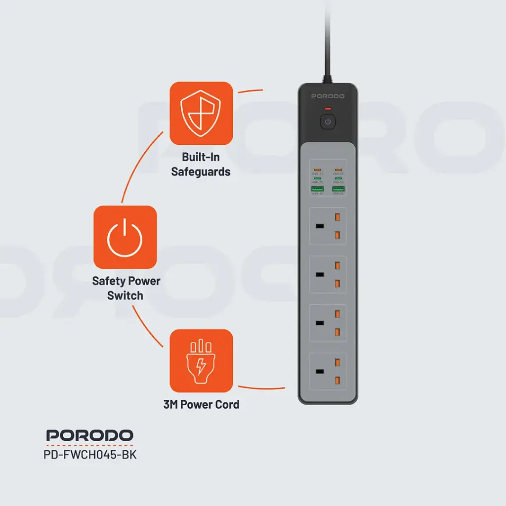 Porodo 4AC 65W 3000W Power Strip - Image 5