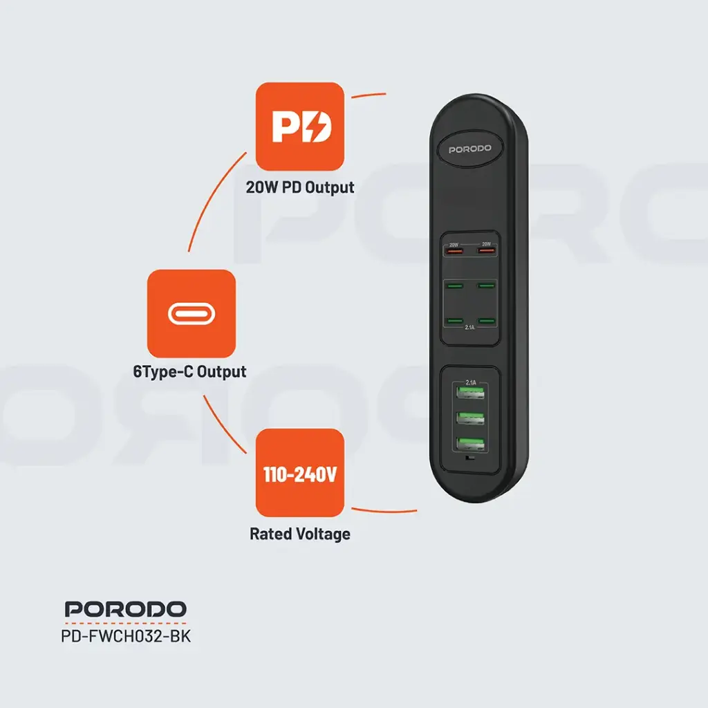 Porodo 50W Multi-Port USB Charging HUB - Black - Image 3