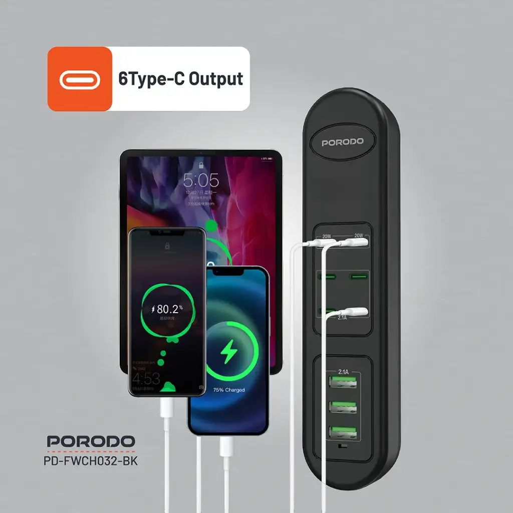 Porodo 50W Multi-Port USB Charging HUB - Black - Image 6