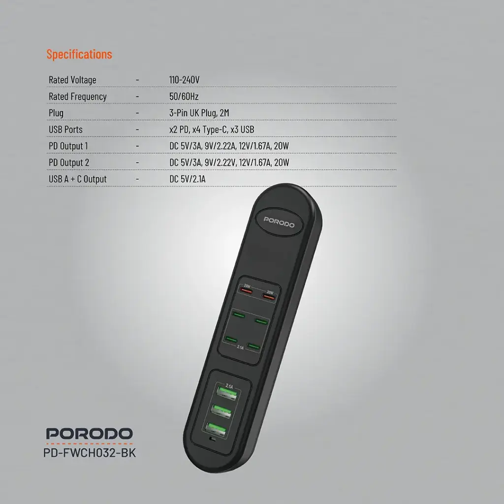 Porodo 50W Multi-Port USB Charging HUB - Black - Image 2