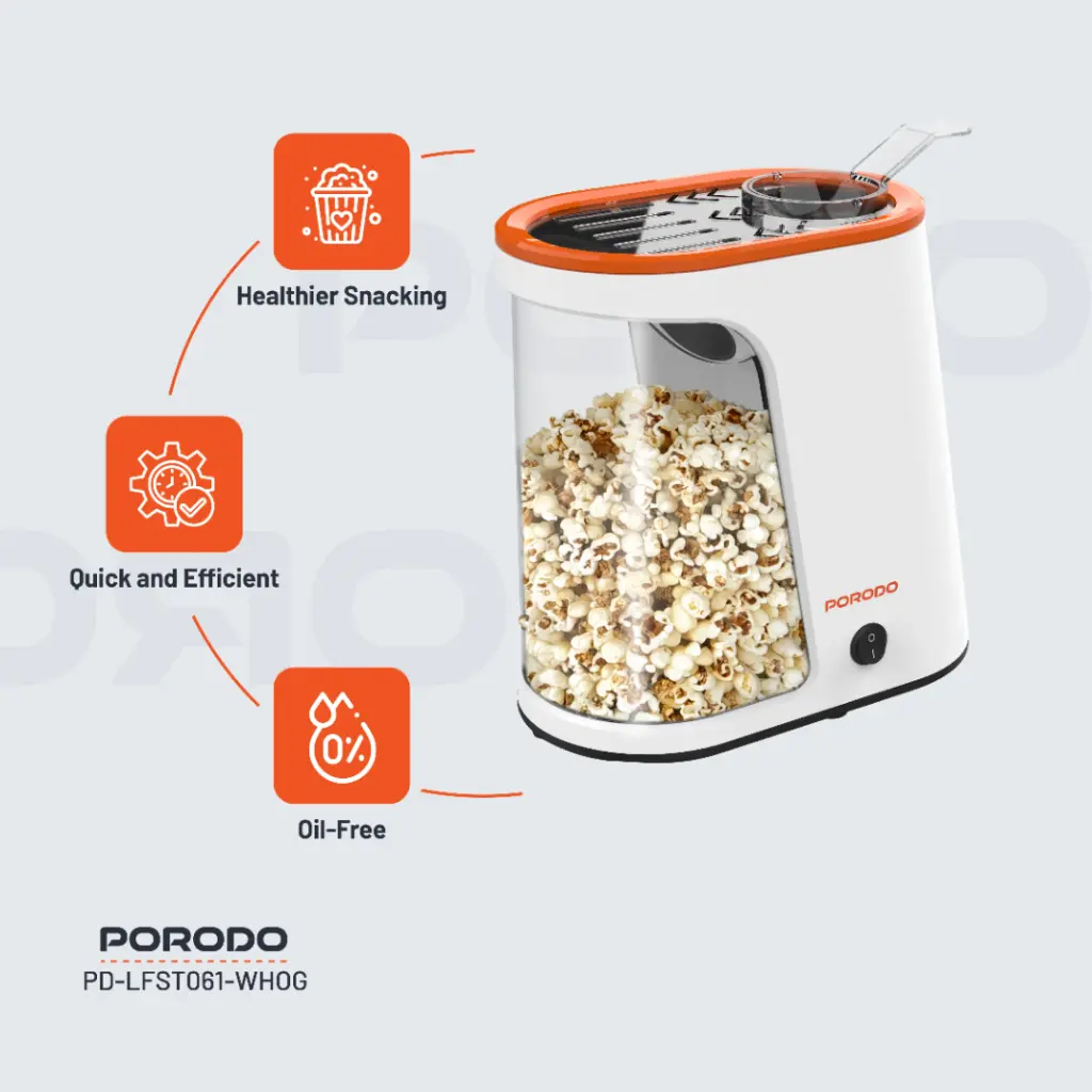 Porodo Lifestyle Air-Popped Popcorn Maker - White/Orange - Image 3