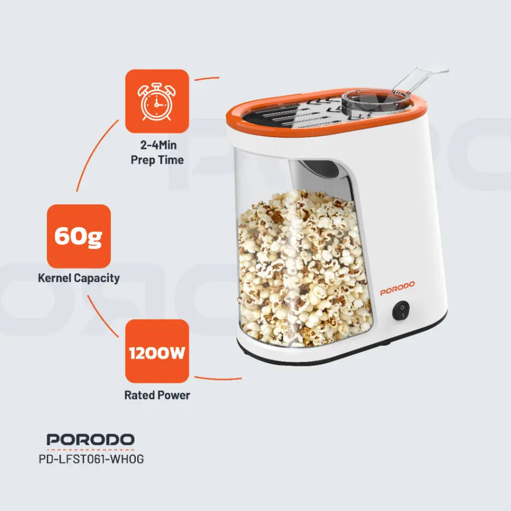Porodo Lifestyle Air-Popped Popcorn Maker - White/Orange - Image 7