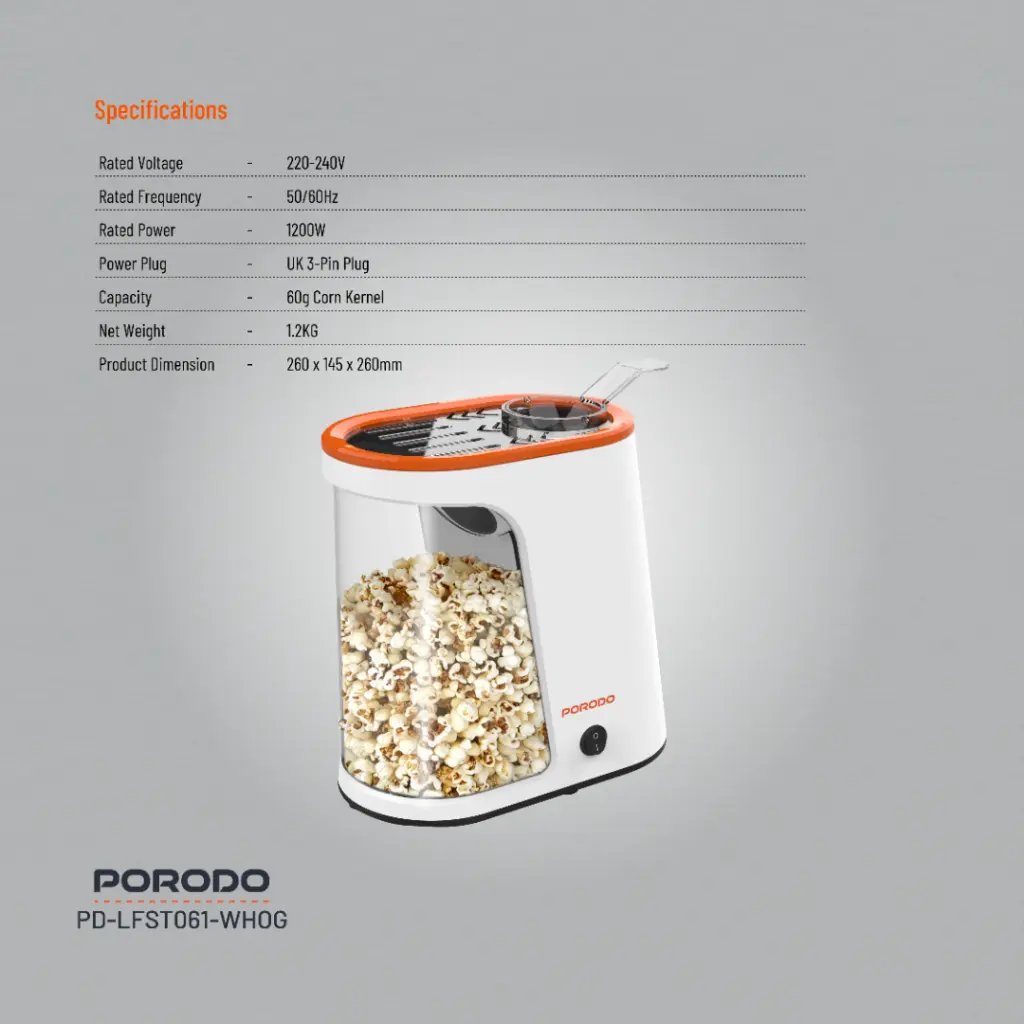 Porodo Lifestyle Air-Popped Popcorn Maker - White/Orange - Image 2